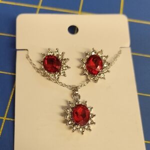 Red Rhinestone Silver Tone Jewelry Set Of Earrings & 18" + 3" Extension